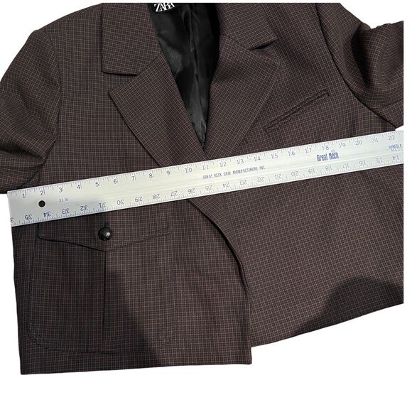 Zara Houndstooth Cropped Blazer L Brown Check Tailored Jacket Business - Picture 6 of 13